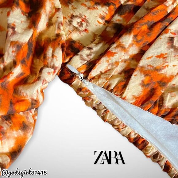NWT Zara Printed Drape Crop Top Square Neck Orange Floral Sz XS - Picture 7 of 10